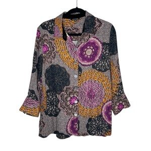 JOHN MARK Artsy Maximalist Patterned Side Button Detail Button up Top sz Medium